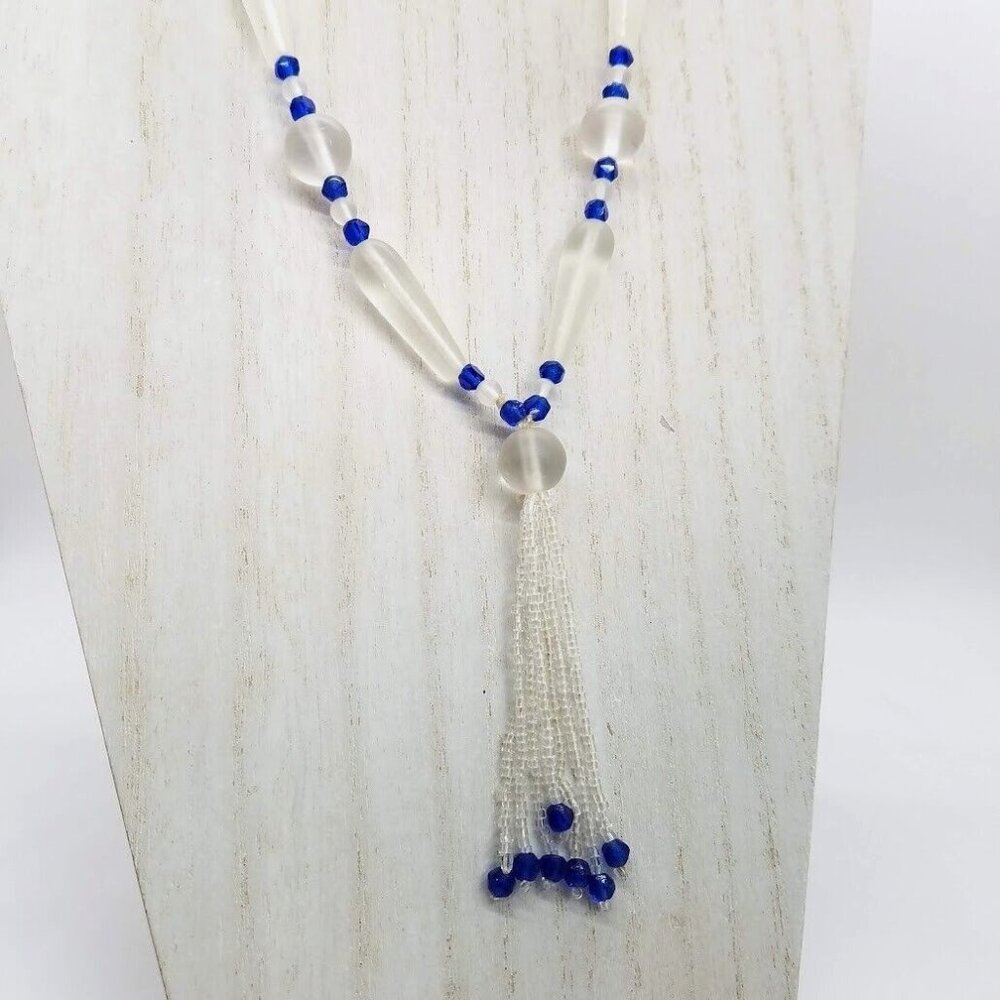 Vintage Glass Bead Tassel Necklace 31" Long Blue Clear Beads For Elegant Style